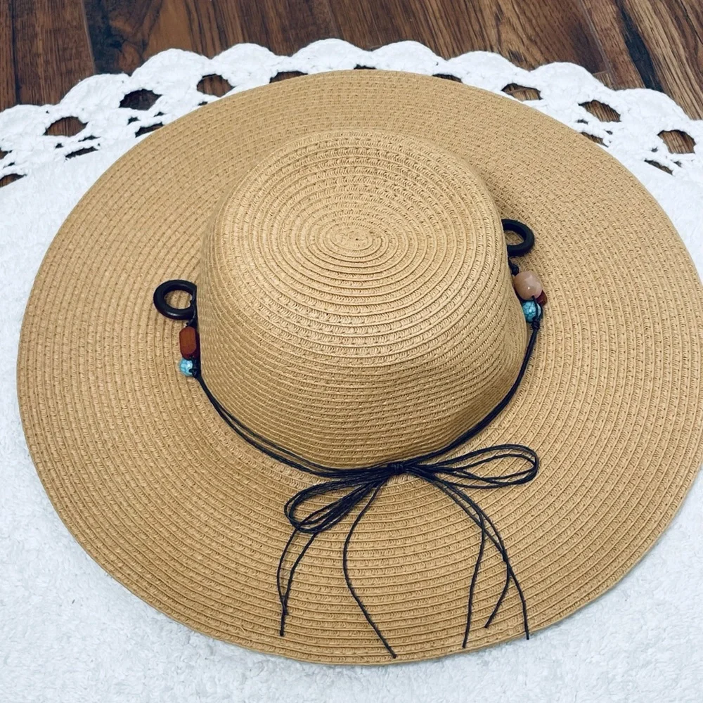 Royal Resortwear woven beaded turquoise and wood leather lace Sun hat for Sumner